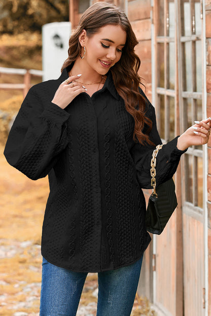 Black Cable Texture Puff Sleeve Loose Shacket
