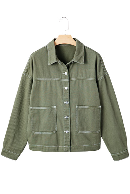 Smoke Green Patched Pocket Collared Button Front Boyfriend Denim Jacket