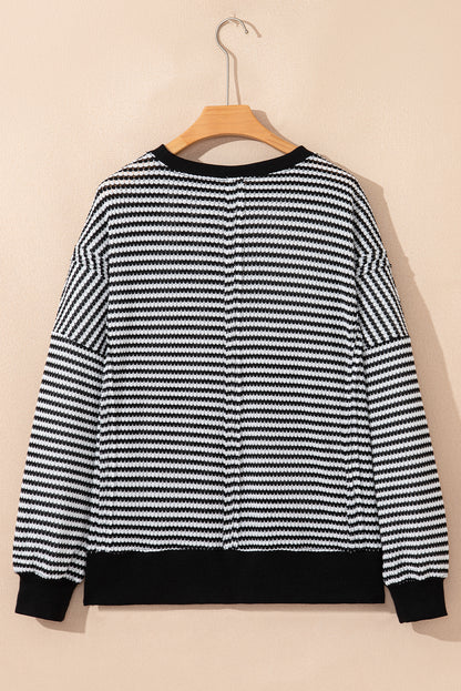 Black Stripe Ribbed Trim Drop Shoulder Long Sleeve Oversize Top