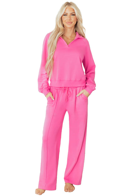 Wisteria Solid Color Collared Pullover and Central Seam Pants Set