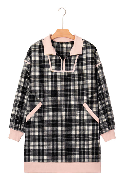 Black Plaid Polo Collar Zip up Contrast Trim Shift Long Sleeve Mini Dress