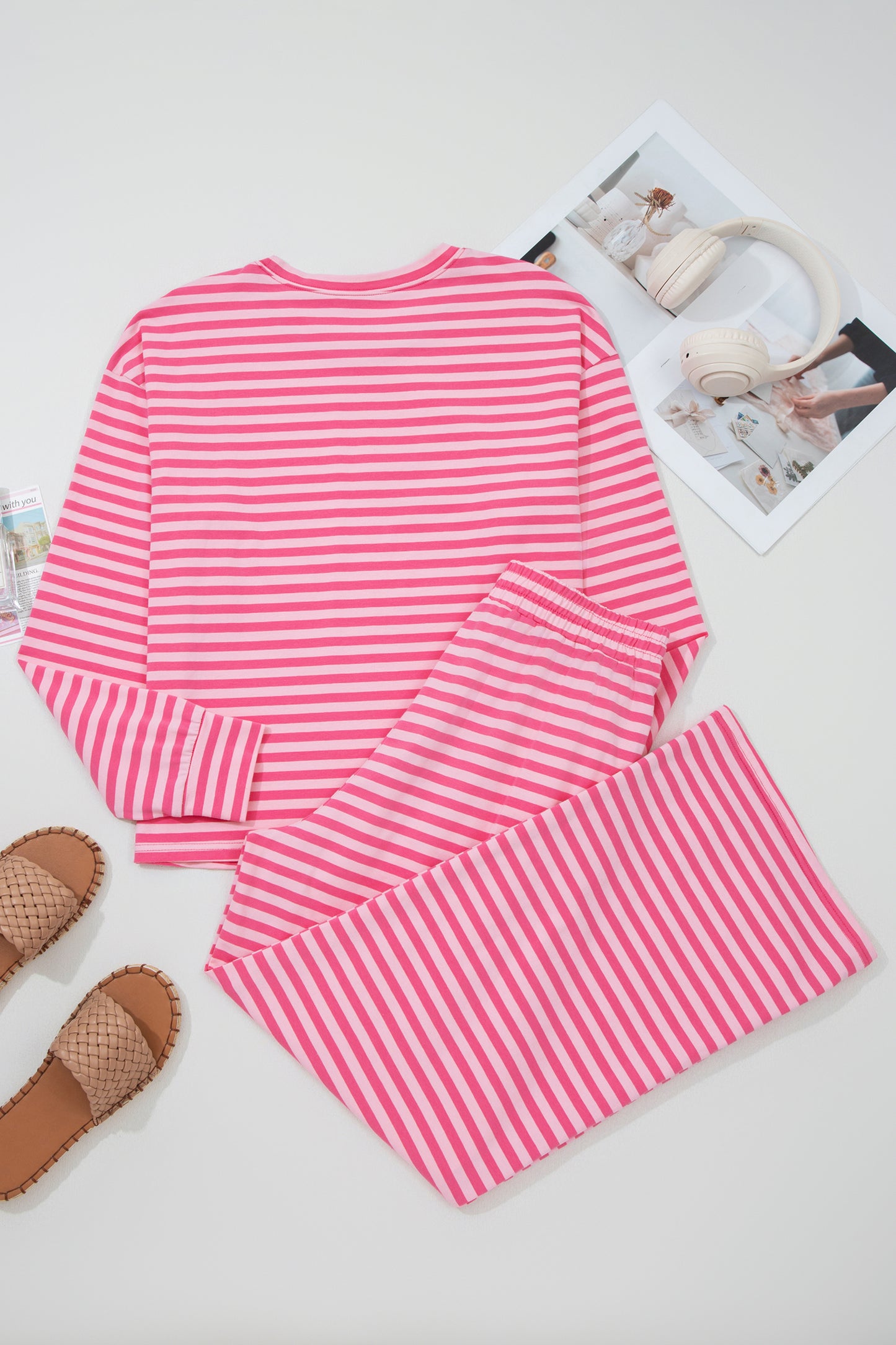 Rose Stripe Drop Shoulder Round Neck Top and Buttoned Straight Pants Two Piece Set