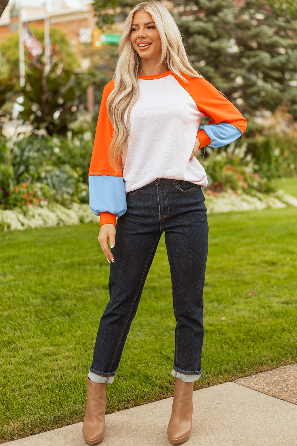 Light Grey Color Block Raglan Sleeve Contrast Stitching Loose Fit Top