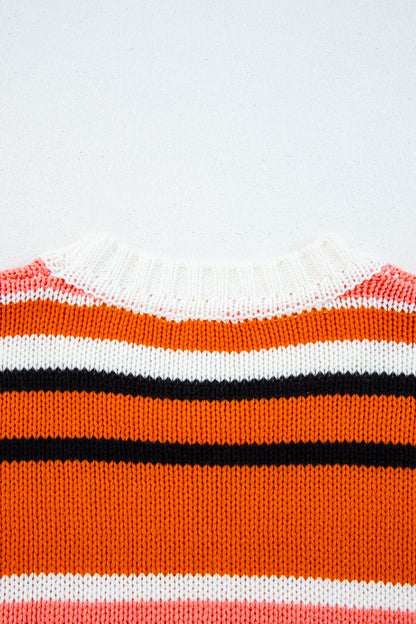 Orange Stripe Drop Shoulder Cropped Pullover Sweater