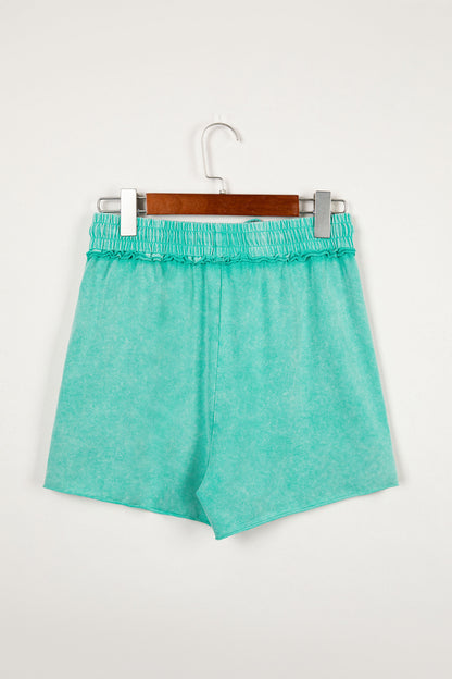 Sea Green Mineral Washed Drawstring Elastic Waist Raw Cut Shorts