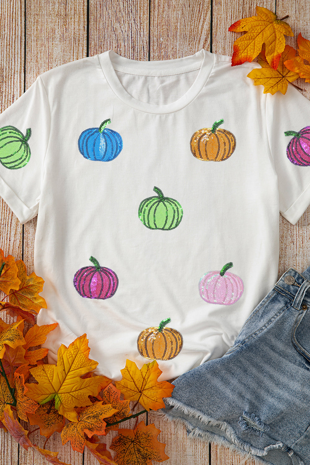 White Sequin Pumpkin Patched Cotton Blend T Shirt