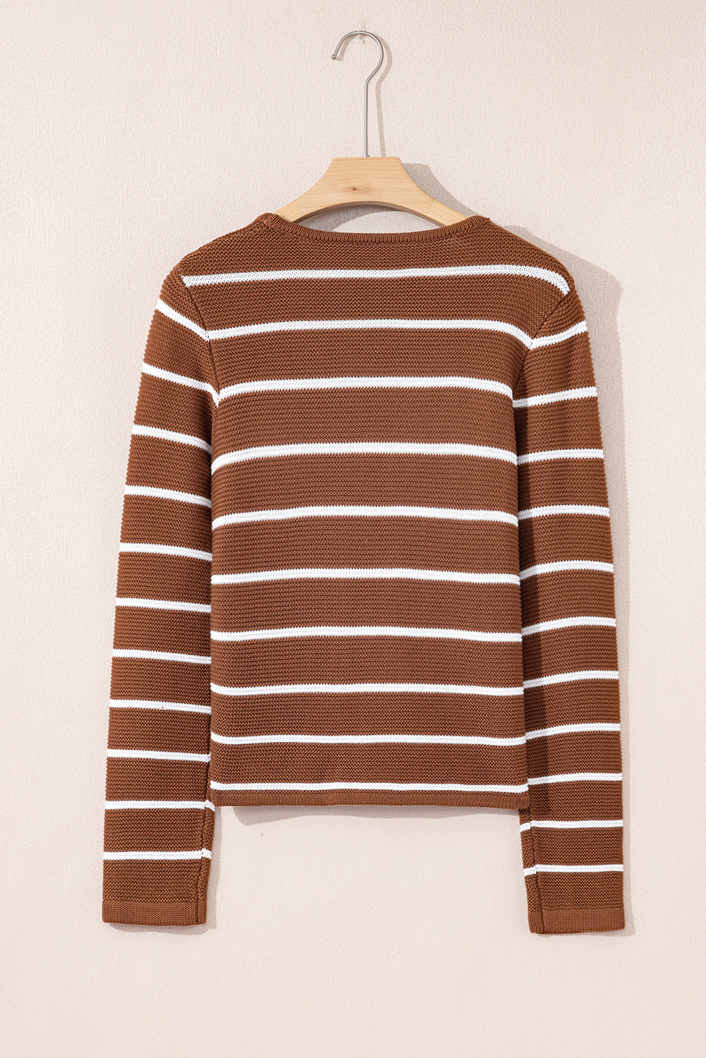 Chestnut Tie Front Striped Knit V Neck Cardigan Sweater