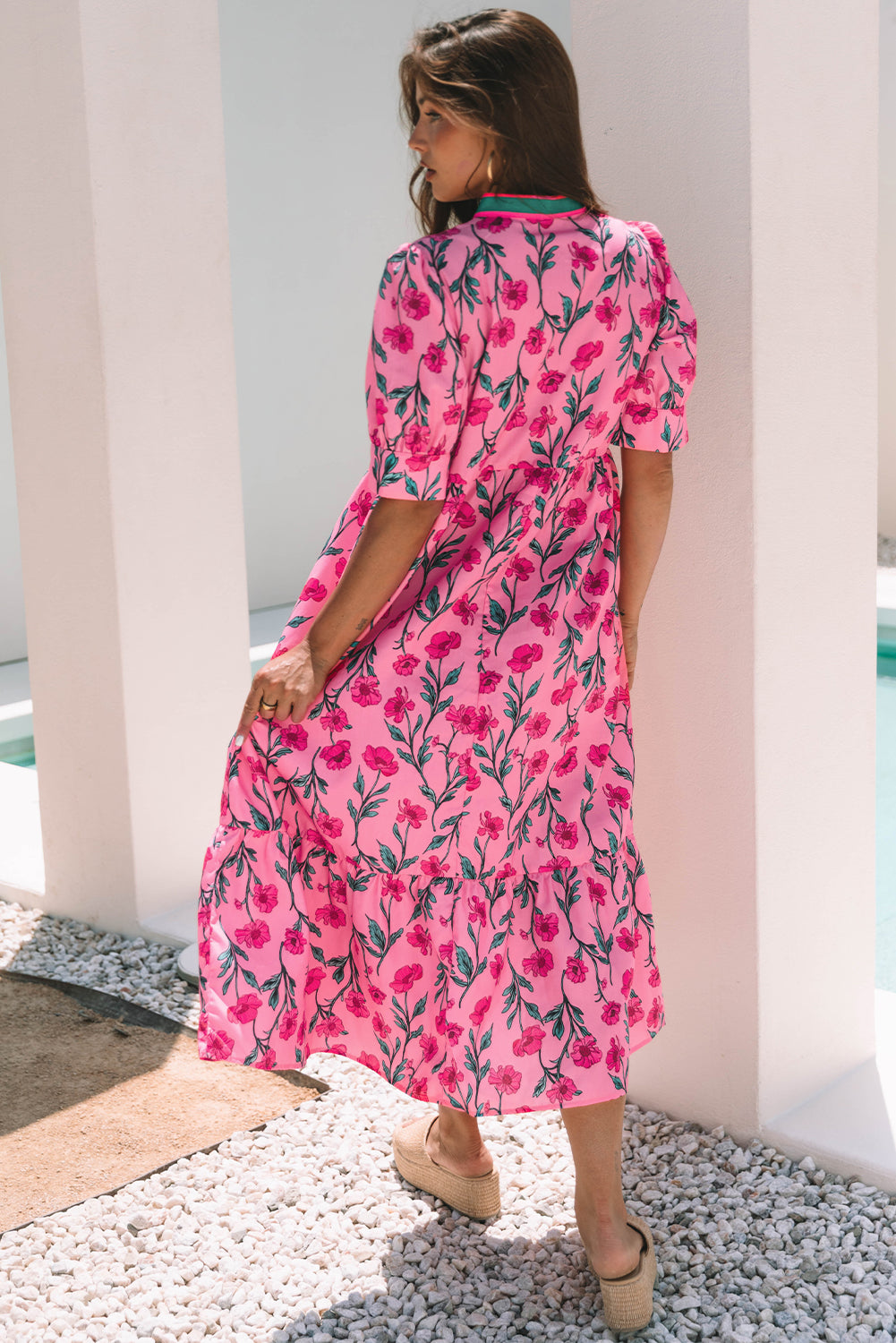 Pink Floral Contrast Neckline A-line Puff Sleeve Long Dress