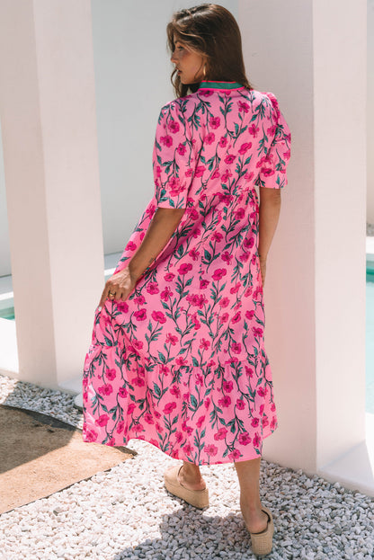 Pink Floral Contrast Neckline A-line Puff Sleeve Long Dress
