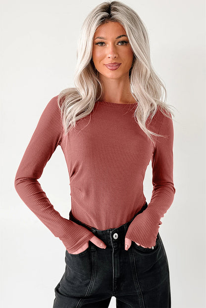Black Ribbed Long Sleeve Crew Neck Solid Color Bodysuit