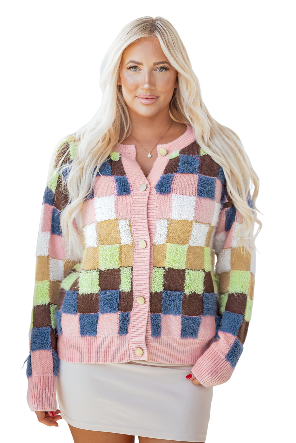 Multicolour Plush Checkered Pattern Button Front Cardigan Sweater