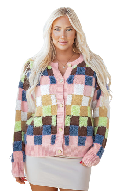 Multicolour Plush Checkered Pattern Button Front Cardigan Sweater