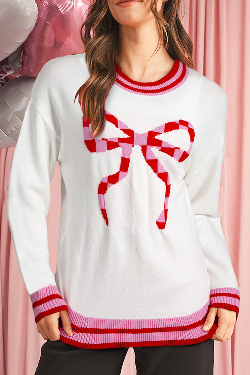 White Striped Trim Bow Graphic Round Neck Drop Shoulder Sweater