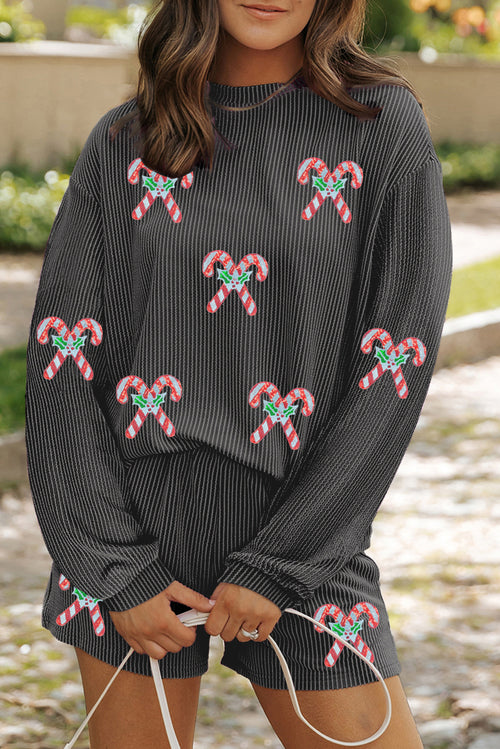 Carbon Grey Twisted Ribbed Sequin Holly Candy Cane Long Sleeve Top and Shorts 2pcs Outfit