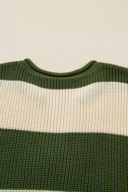 Green Stripe Colorblock Notched Neck Plus Size Sweater