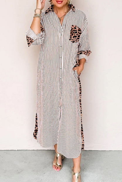 Brown Stripe Contrast Leopard Patchwork Long Shirt Dress with Slits