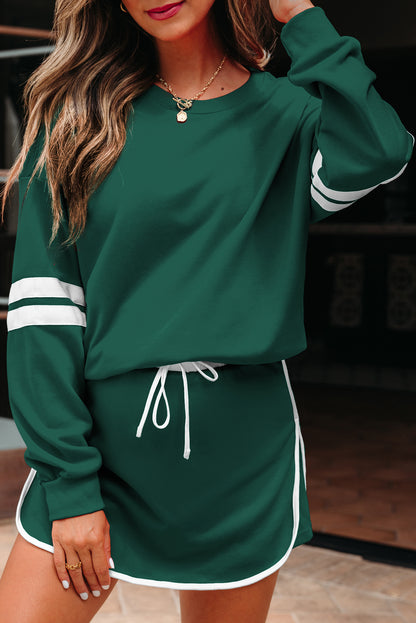 Evergreen Varsity Stripe Detail Drop Shoulder Pullover Mini Skirt Set