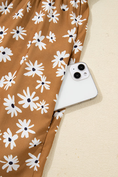 Khaki Plus Size Daisy Floral Print Button Split Neck Puff Sleeve Dress