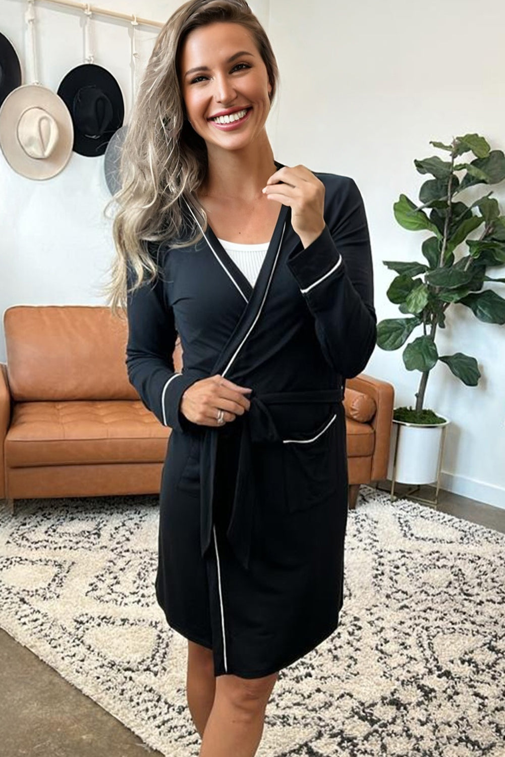 Black Contrast Trim Hooded Lounge Cardigan and Pants Set
