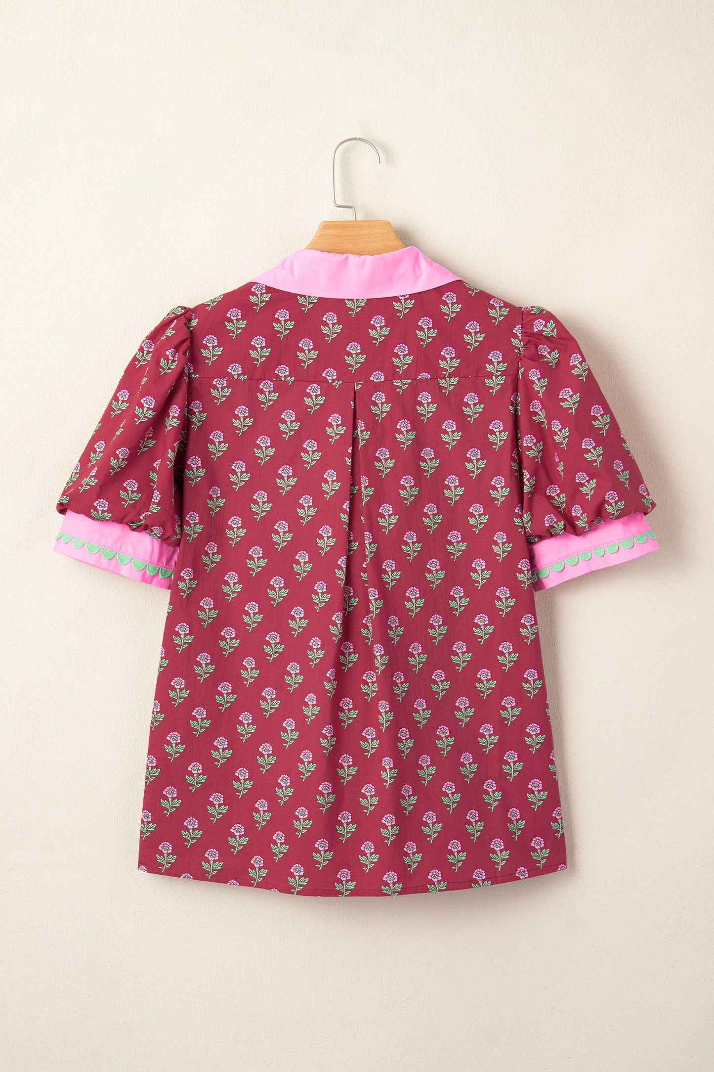 Red Contrast Collared V Neck Ricrac Trim Short Puff Sleeve Flower Blouse