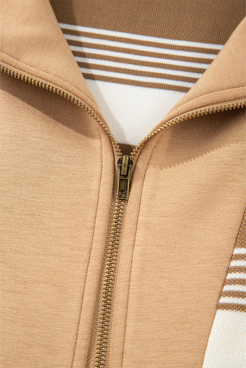 Khaki Stripe Zip Collar Patchwork Vintage Fashion Sweatshirt