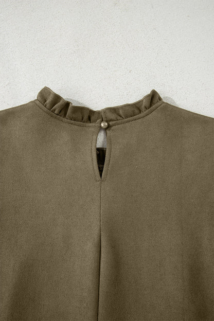 Moss Green Frilled Round Neck Short Puff Sleeve Shift Mini Dress