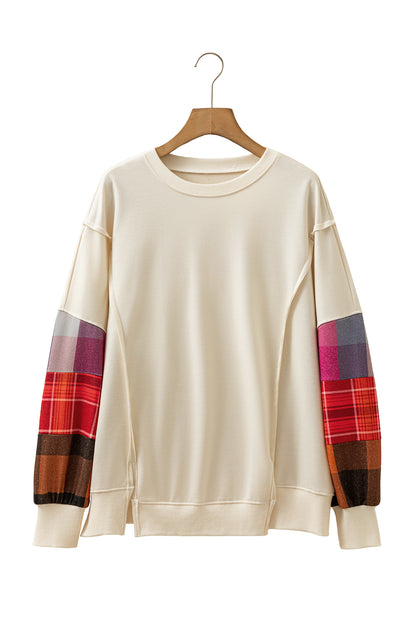 Beige Contrast Plaid Long Sleeve Exposed Seam Patchwork Top