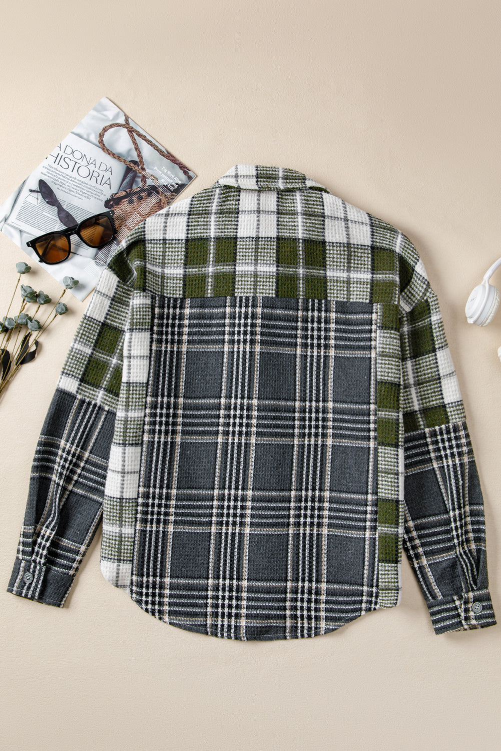 Black Plaid Print Textured Knit Buttoned Shacket