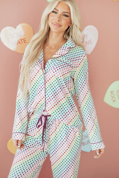 White Pride Heart Print Valentines Long 2pcs Pajama Set