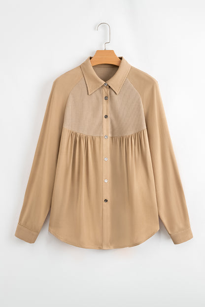 Light French Beige Waffle Patchwork Button Up Frayed Hem Shirt