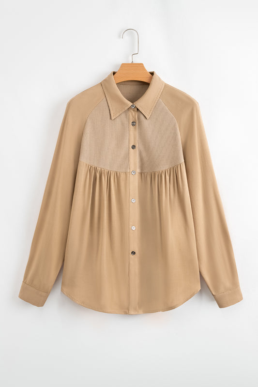 Light French Beige Waffle Patchwork Button Up Frayed Hem Shirt