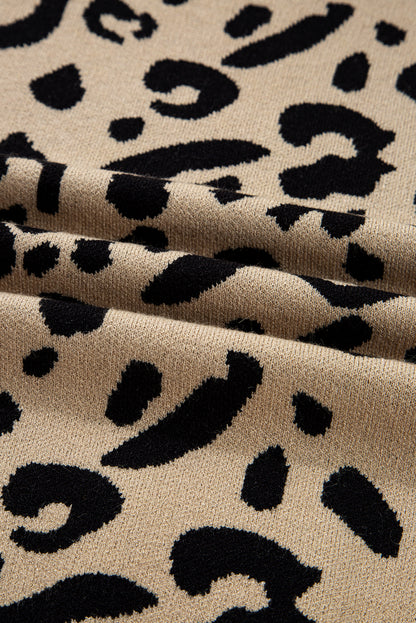 Brown Leopard Pattern Lace Ribbed Detail Button Cuffed Sweater