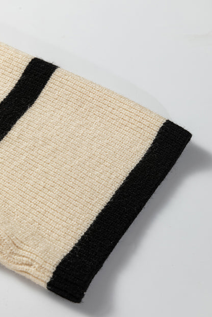 Beige Ribbed Knit Contrasted Stripe Detail Button Side Loose Sweater