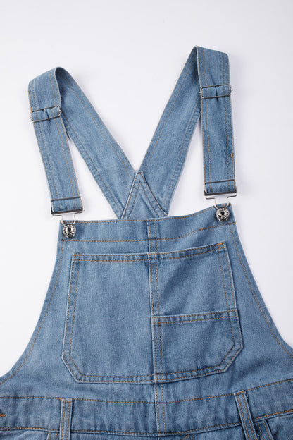 Dark Blue Retro Bib Pocket Buckle Straps Casual Denim Jumpsuit