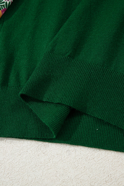 Blackish Green Floral Patchwork Shirred Cuff Puff Sleeve Sweater