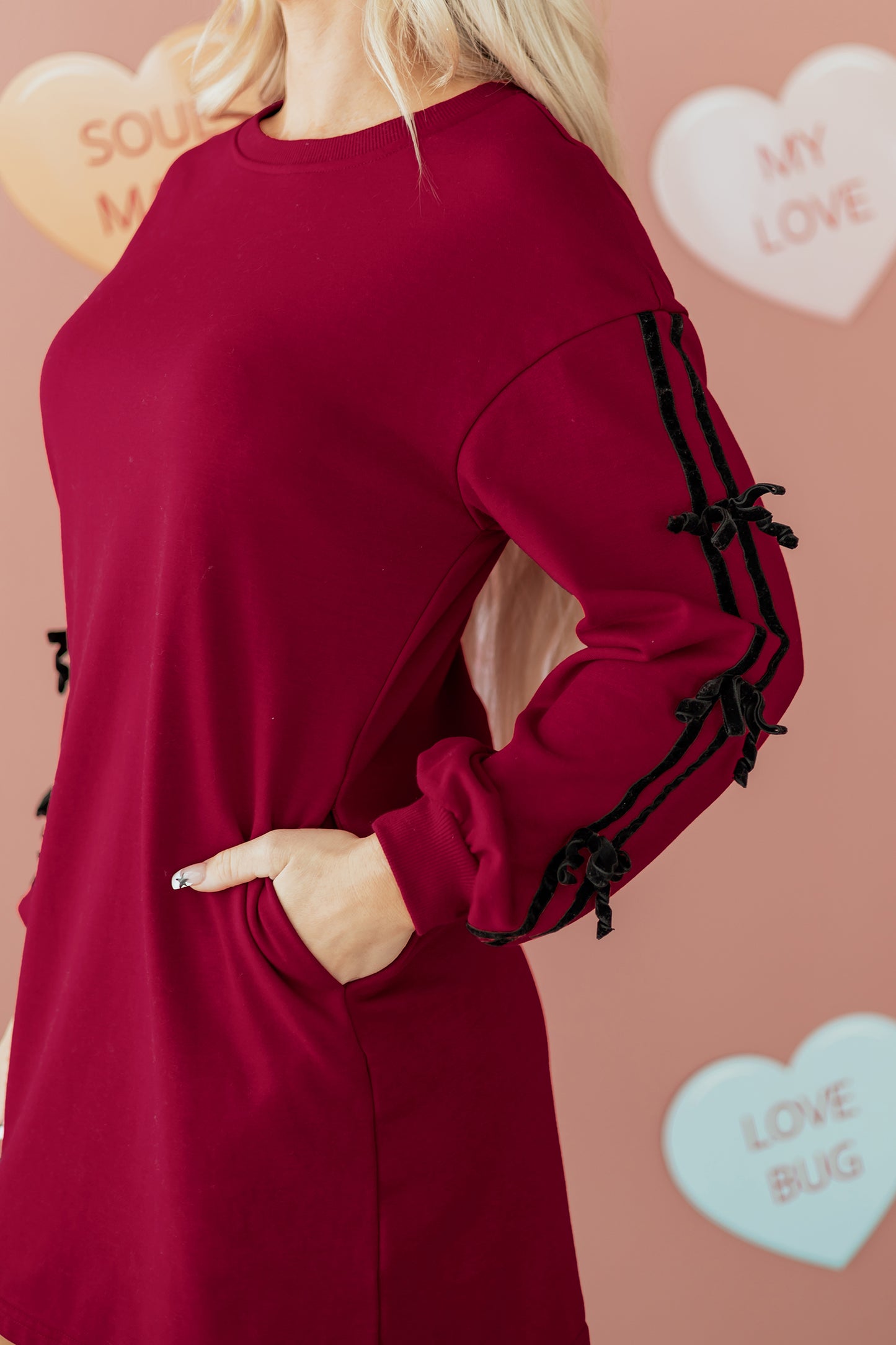 Racing Red Contrast Striped Bow Detail Drop Shoulder Sweatshirt Dress with Pockets