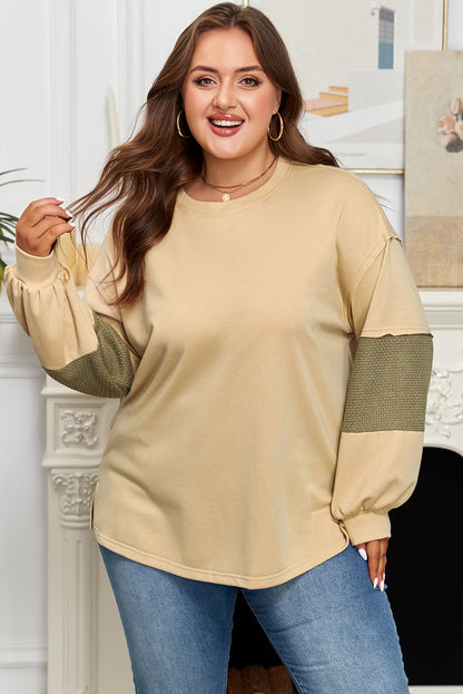 Laurel Green Exposed Seam Contrast Texture Patchwork Plus Size Drop Shoulder Pullover