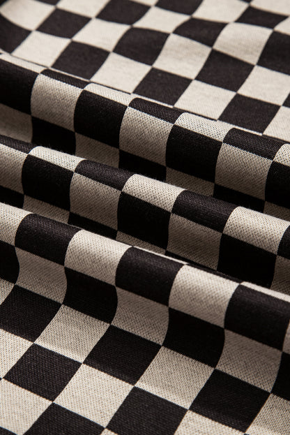 Khaki Mixed Checkered Pattern Patchwork High Low Casual Top