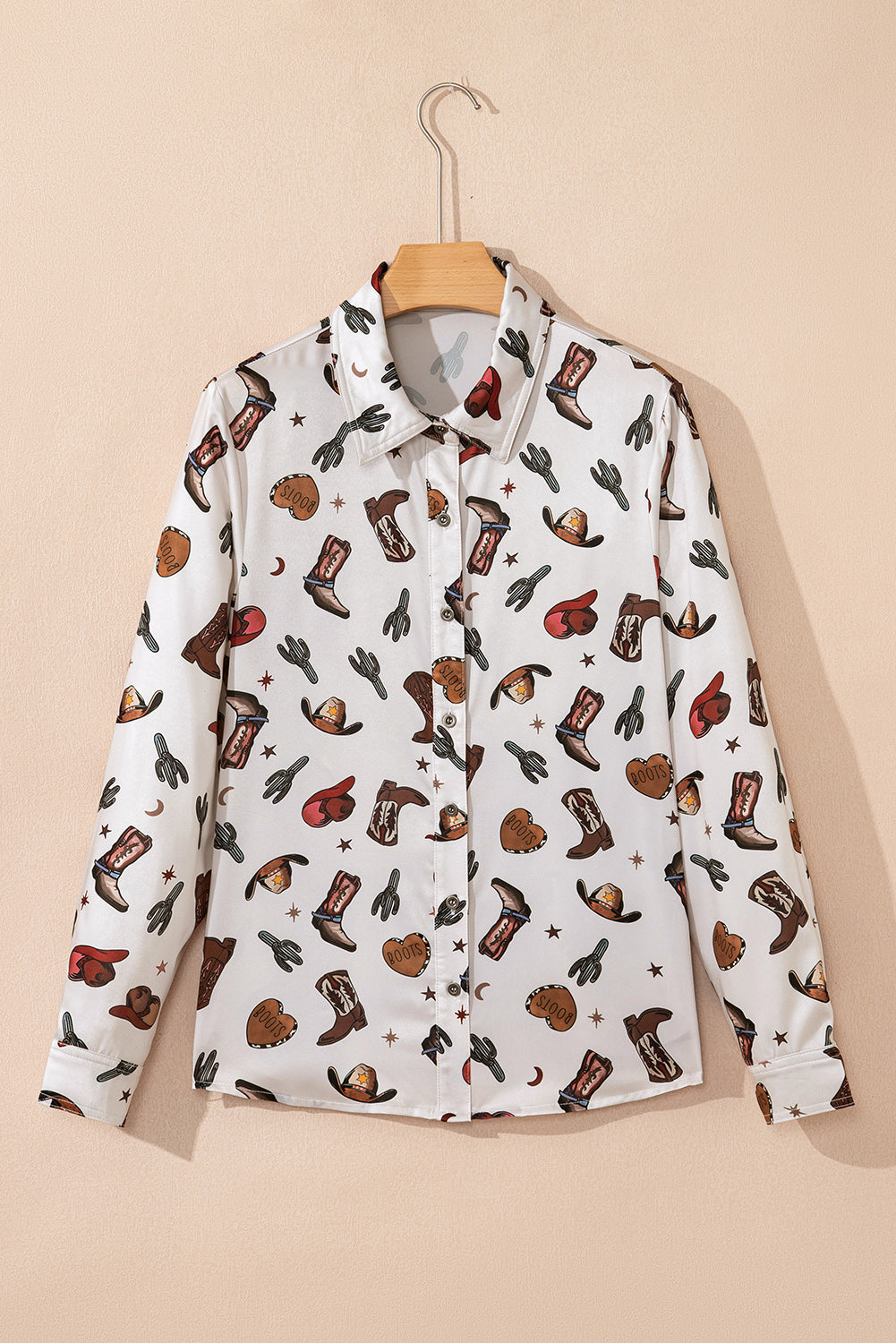 White Western Fashion Print Button Up Casual Shirt