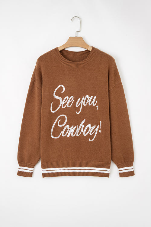 Coffee See You Cowboy Embroidered Western Graphic Sweater