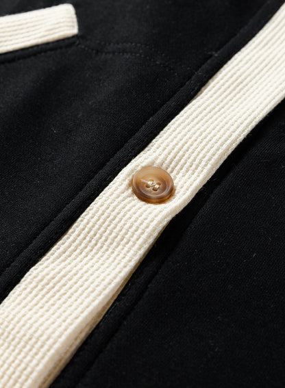 Black Waffle Contrast Knit Color Block Patchwork Button Front Oversize Hoodie