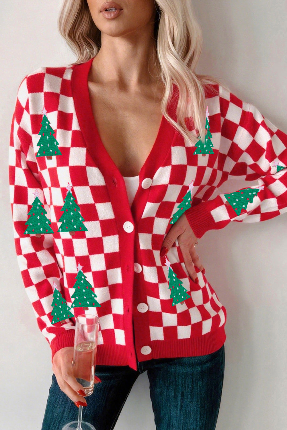 Pink Checkered Christmas Tree Pattern Button V Neck Cardigan Sweater