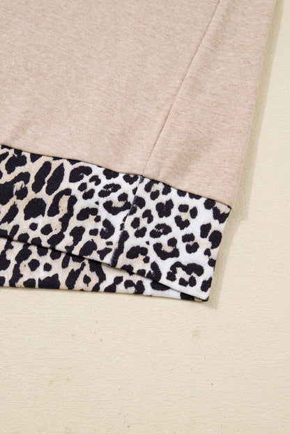 Parchment Leopard Patchwork V Neck Long Sleeve Plus Size Top