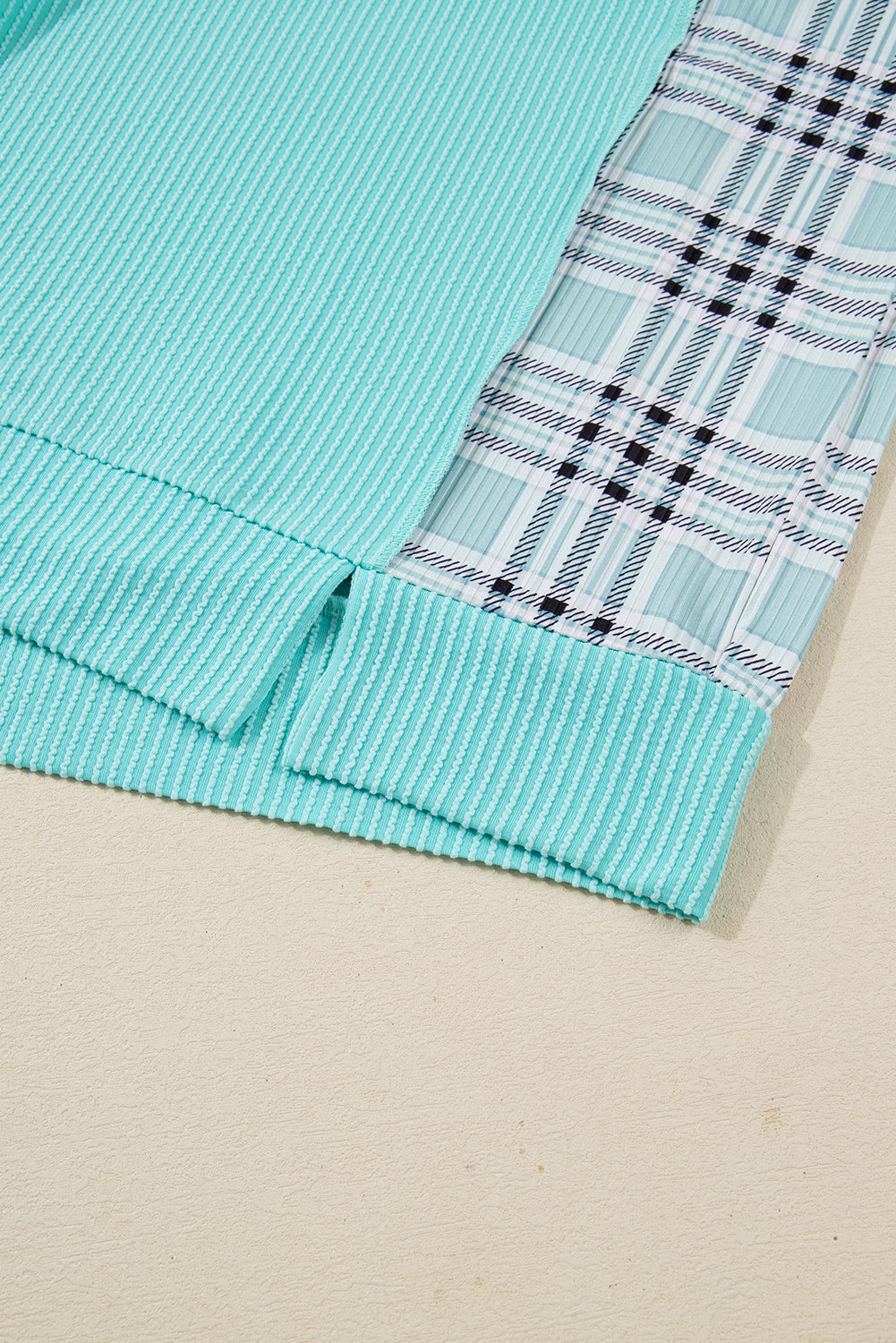 Aruba Blue Twist Ribbed Color Block Plaid Patchwork Plus Size Long Sleeve Top