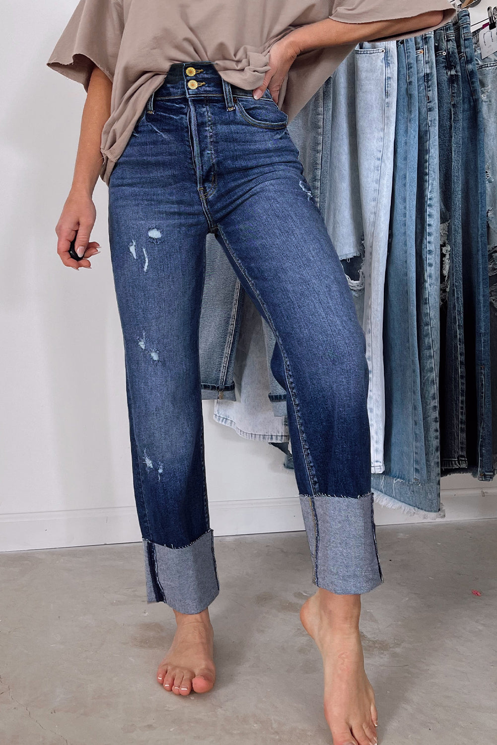 Blue-2 High Waist Distressed Straight Leg Jeans
