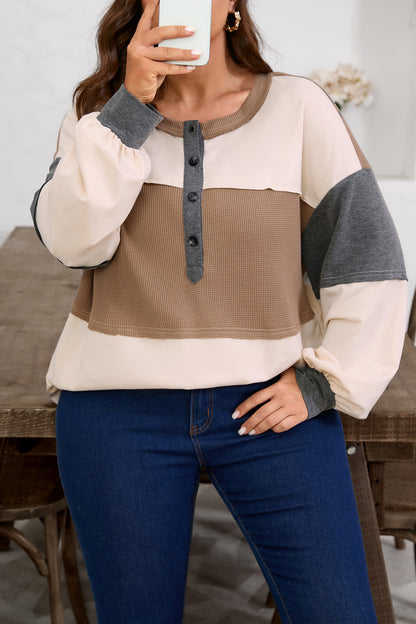 Jet Stream Waffle Patchwork Colorblock Half Buttons Casual Plus Size Knit Jumper