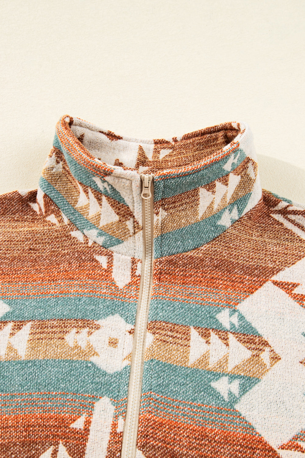 Khaki Quarter Zip Elastic Cuffs Aztec Sweatshirt