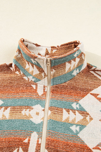 Khaki Quarter Zip Elastic Cuffs Aztec Sweatshirt