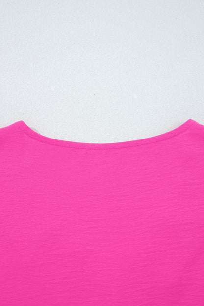 Bright Pink Frilled V Neckline Bracelet Sleeve Crinkled Blouse