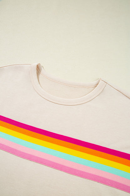 Beige Vibrant Striped Detail Athleisure 2pcs Short Set